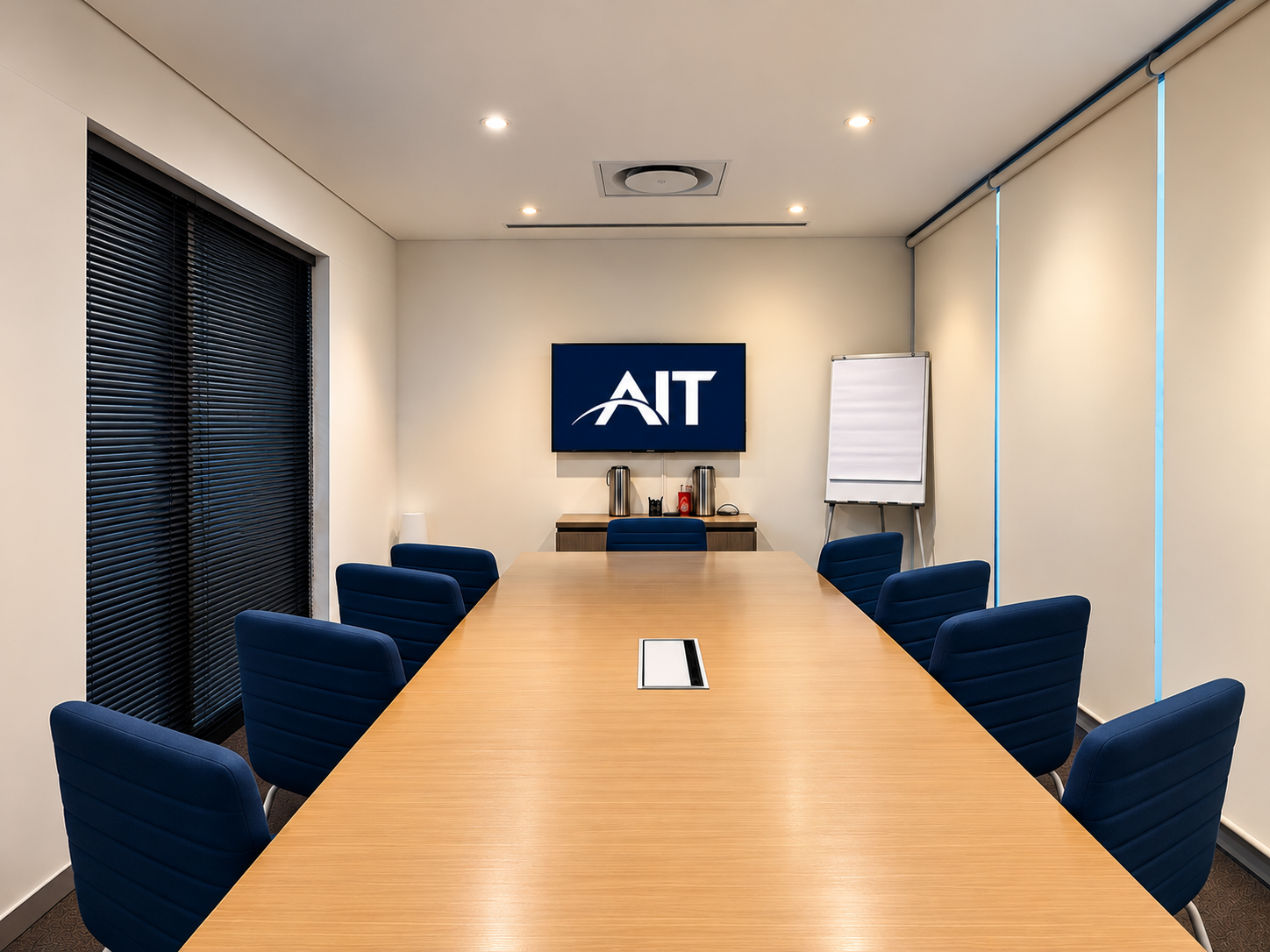 AIT training room with a large meeting table, blue chairs, a presentation screen and a flip chart